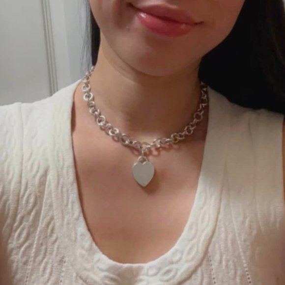 Tiffany & Co. Blank Heart Tag Heavy Chain Necklace Choker Silver 925 16" - Picture 4 of 5